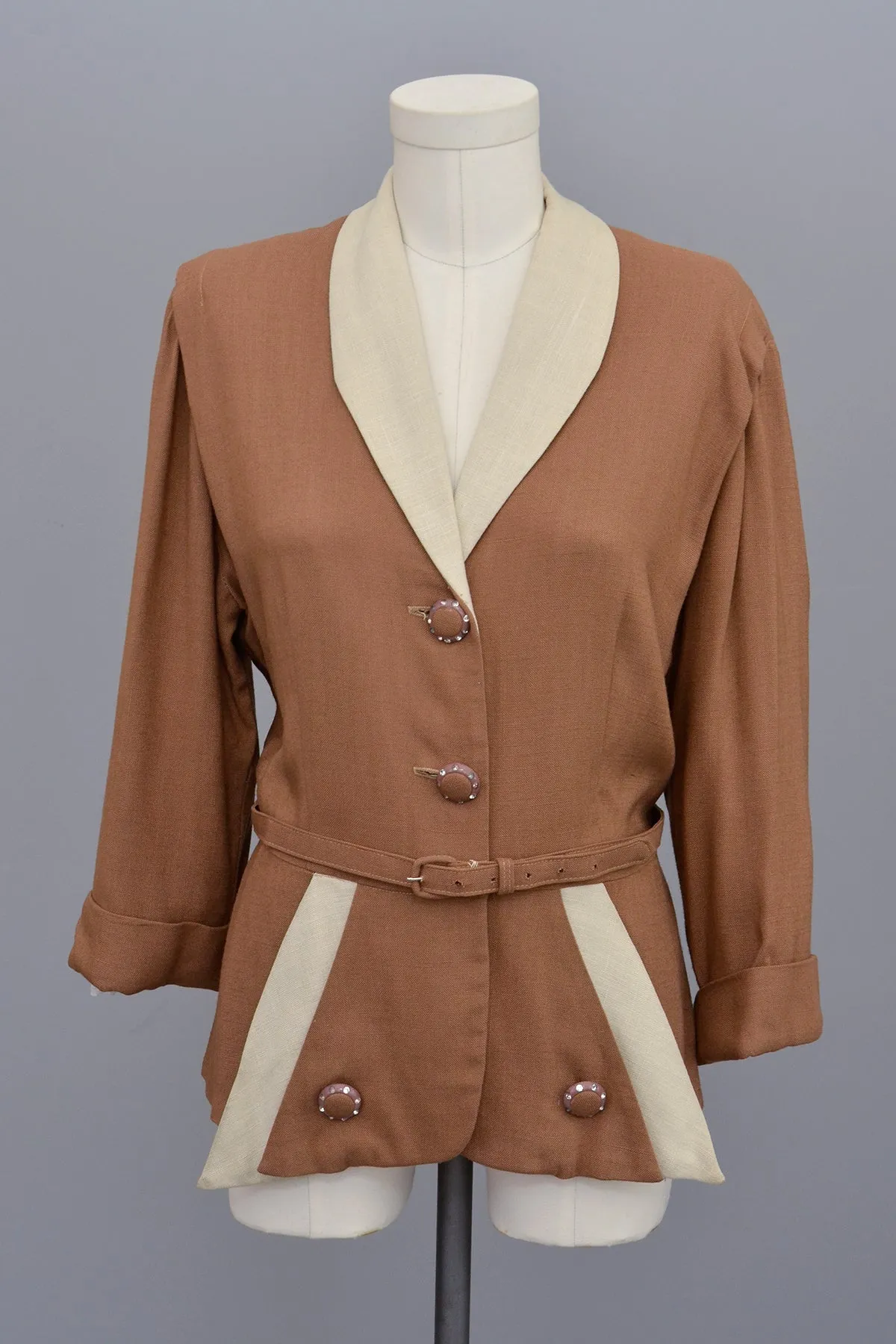 1940s Nutmeg Brown and Taupe Two-Tone Blazer, Large