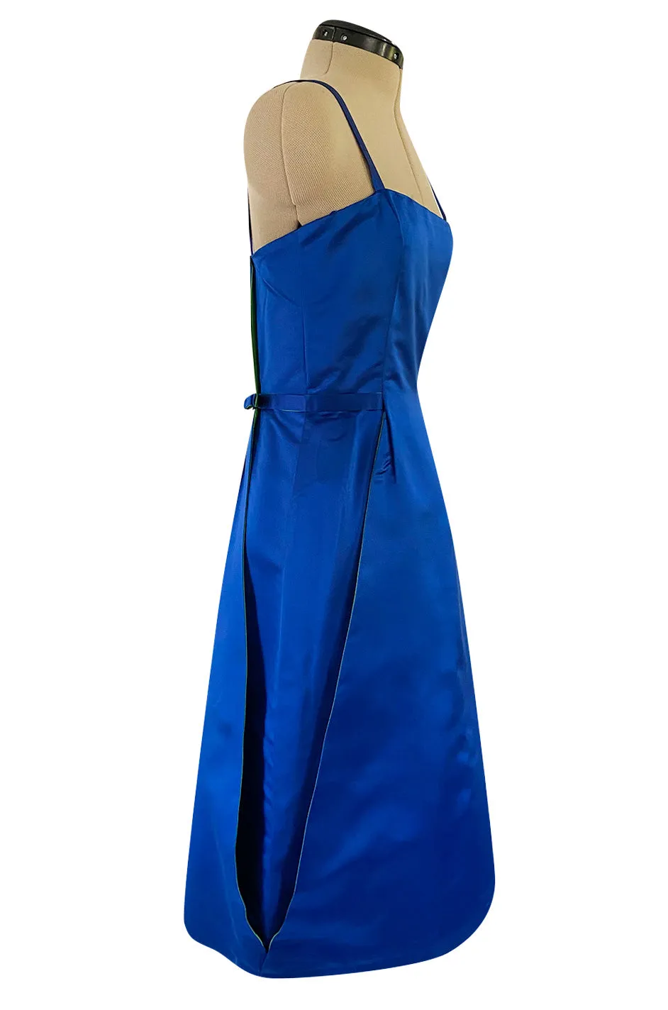 1950s Brilliant Blue Silk Satin Dress w Wrap Detailing & Matching Cropped Bolero Jacket