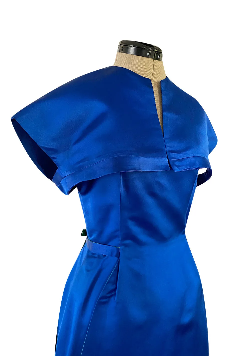 1950s Brilliant Blue Silk Satin Dress w Wrap Detailing & Matching Cropped Bolero Jacket