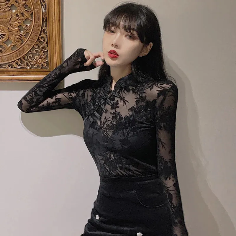 2023 Fashionable Lace See Through Long Sleeve Slim Chinese Turtleneck Black Sexy Top