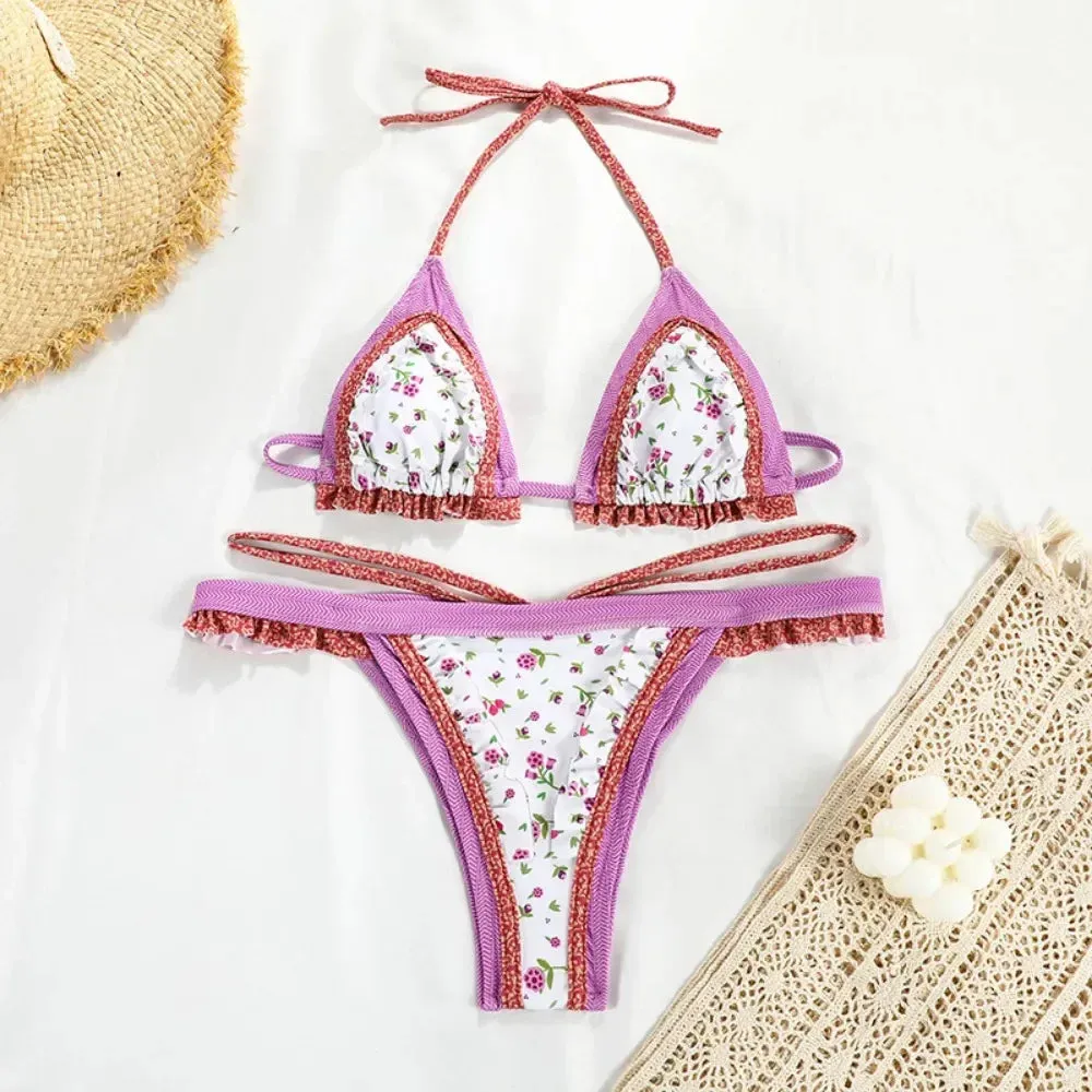 2024 New Lace-up Two-piece Women's Splicing Backless Print Lace Print Bikini Swimsuit