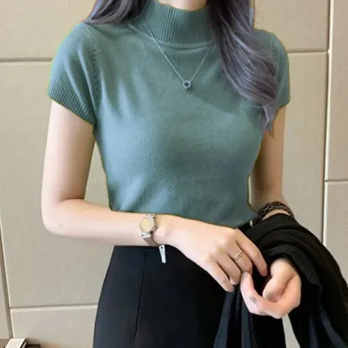 2024 Women's Women Blouse semi high neck short sleeved knitted sweater summer slim fit slimming short top T-shirt Blouses Shirts