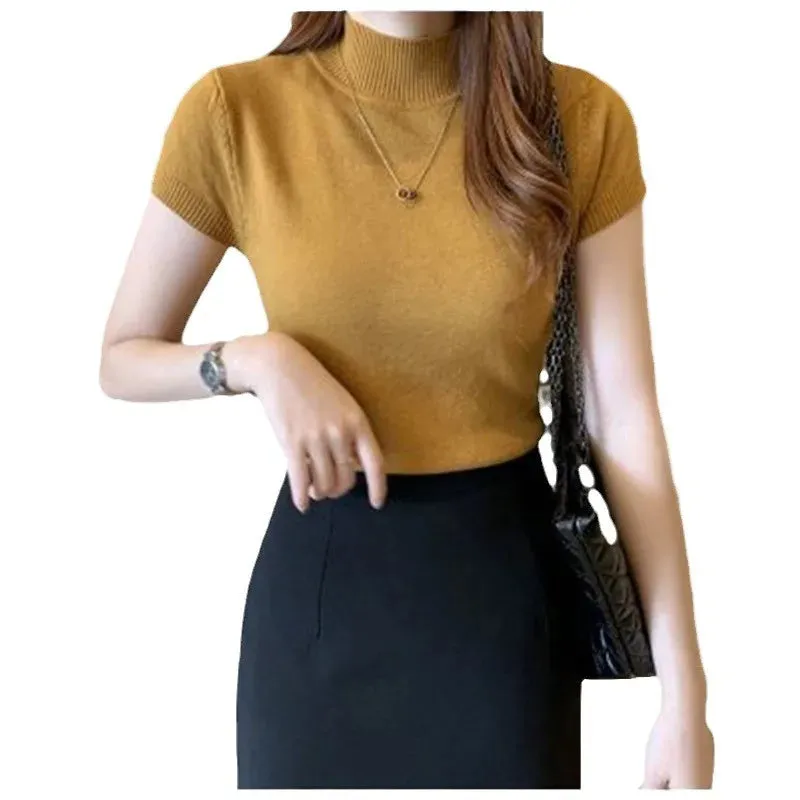 2024 Women's Women Blouse semi high neck short sleeved knitted sweater summer slim fit slimming short top T-shirt Blouses Shirts