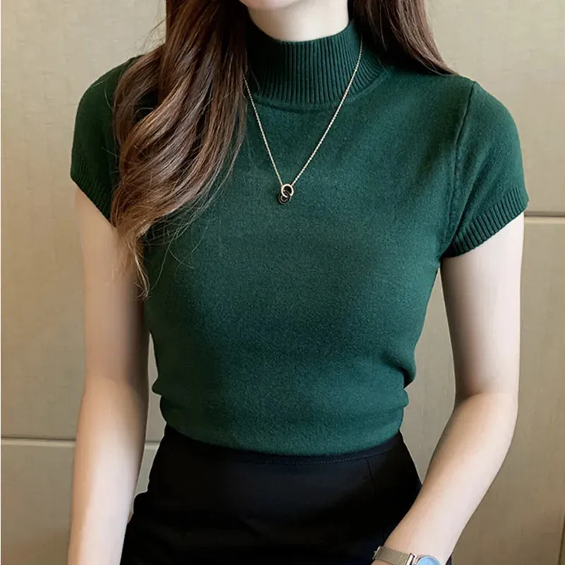 2024 Women's Women Blouse semi high neck short sleeved knitted sweater summer slim fit slimming short top T-shirt Blouses Shirts