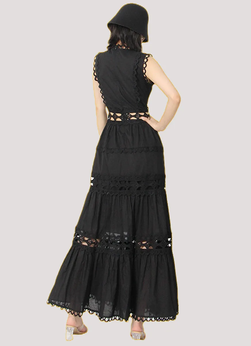 8220014 Eyelet Embroidery Sleeveless Maxi Dress *Black