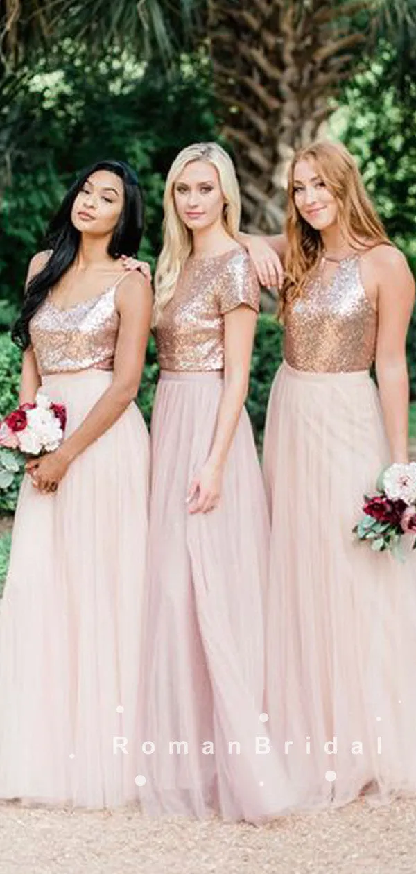 A-Line Mismatched Two Piece Tulle Long Bridesmaid Dresses With Sequins,RBWG0019