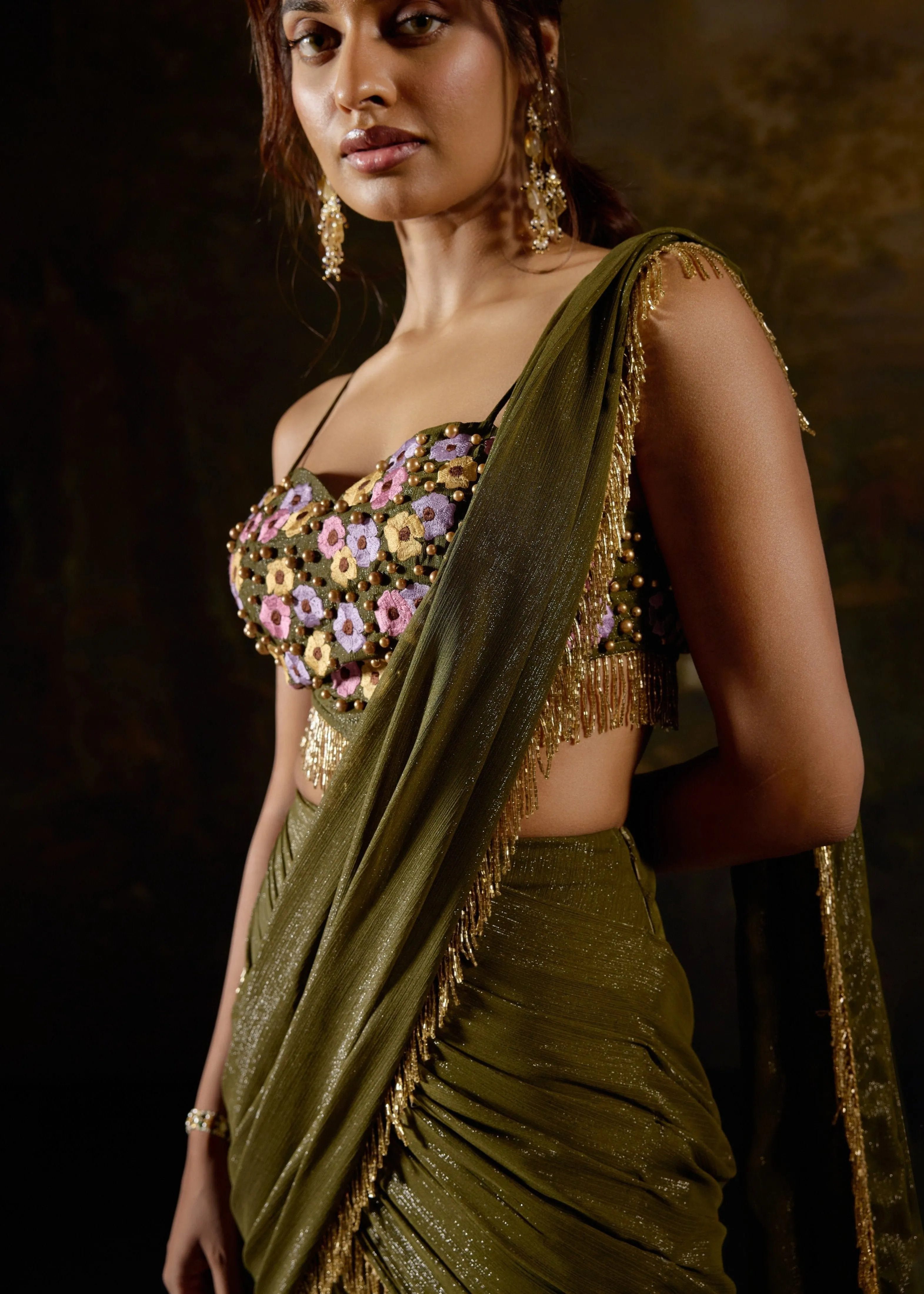 Aamna Dark Green Embroidered Saree