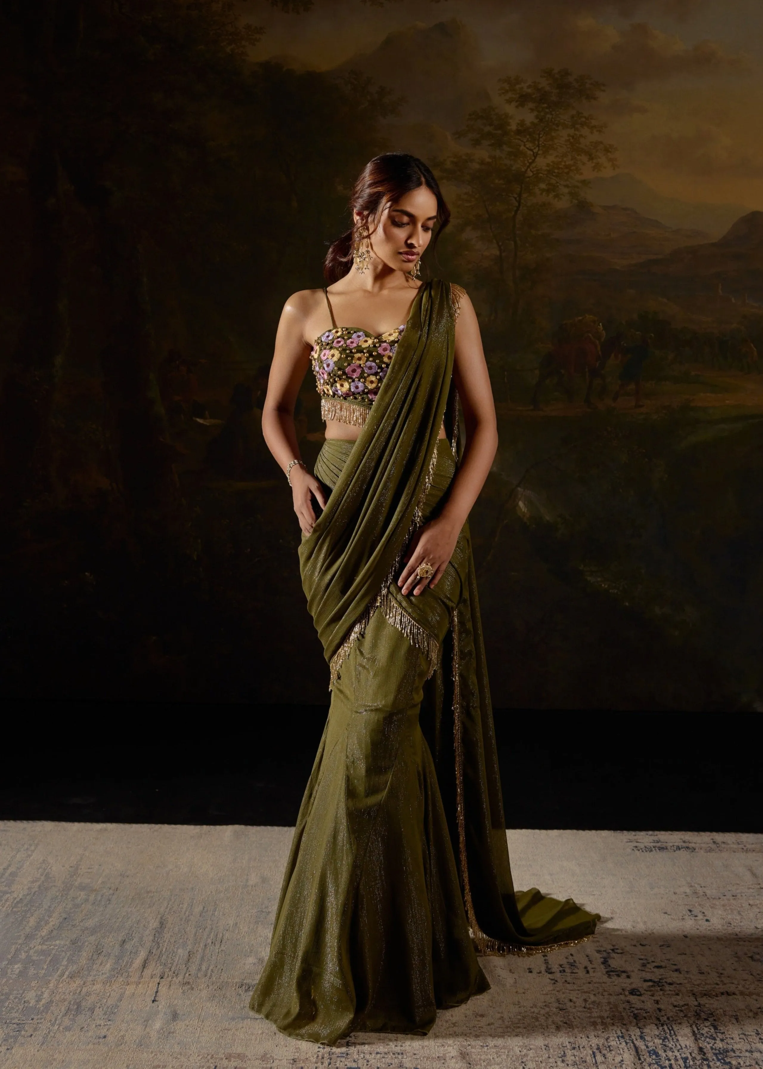 Aamna Dark Green Embroidered Saree