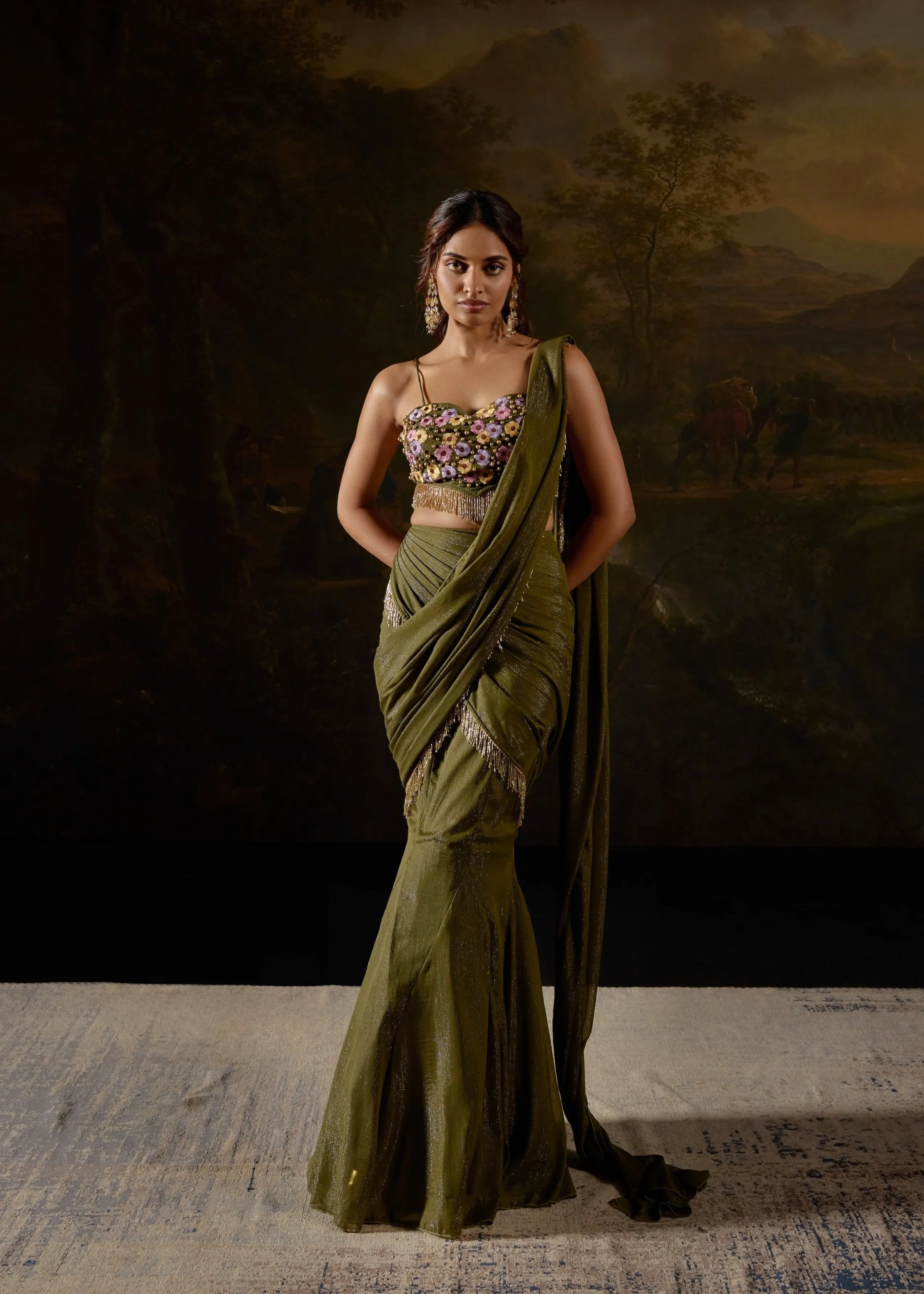 Aamna Dark Green Embroidered Saree