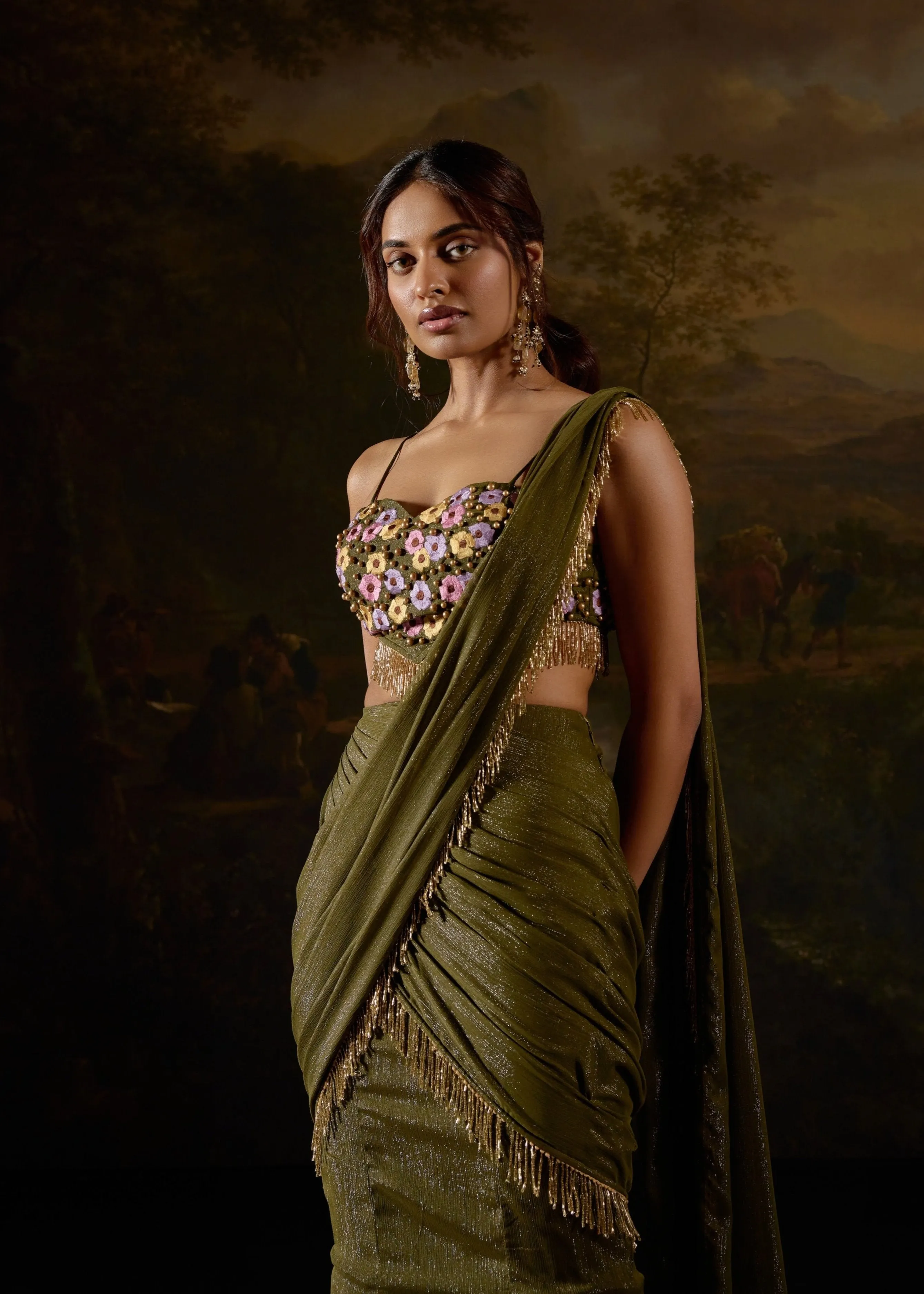 Aamna Dark Green Embroidered Saree