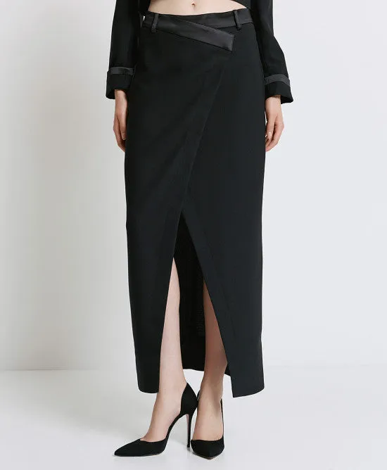 Access Fashion Long Black Skirt With Asymmetric Satin Waist