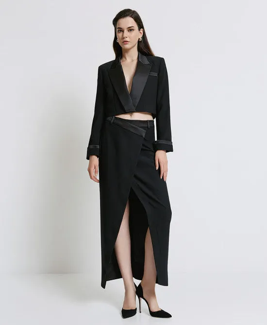 Access Fashion Long Black Skirt With Asymmetric Satin Waist