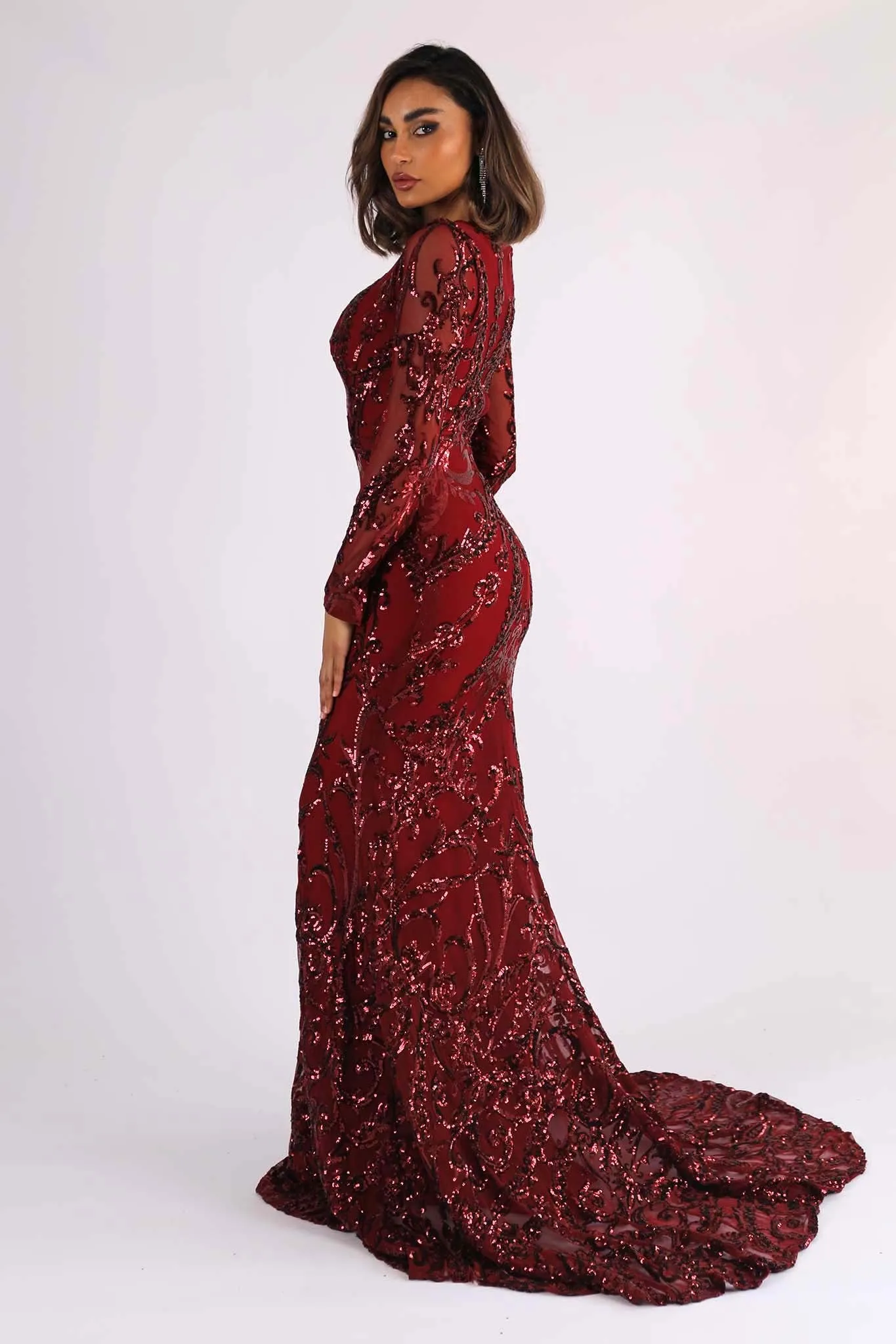 AMANI Long Sleeve Sequin Gown - Wine