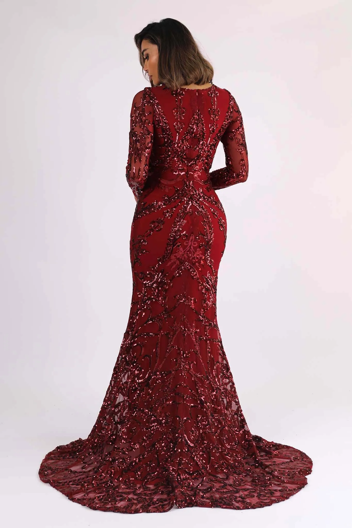 AMANI Long Sleeve Sequin Gown - Wine