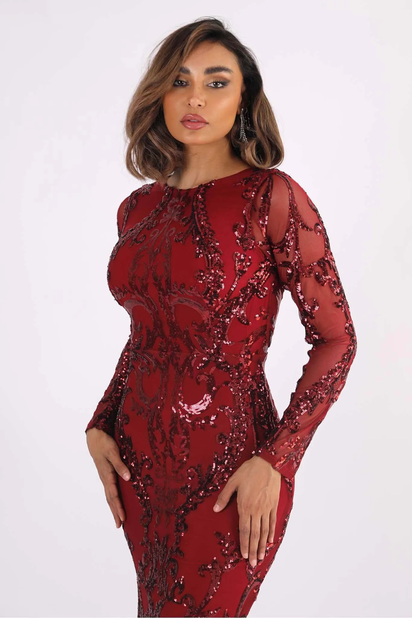 AMANI Long Sleeve Sequin Gown - Wine