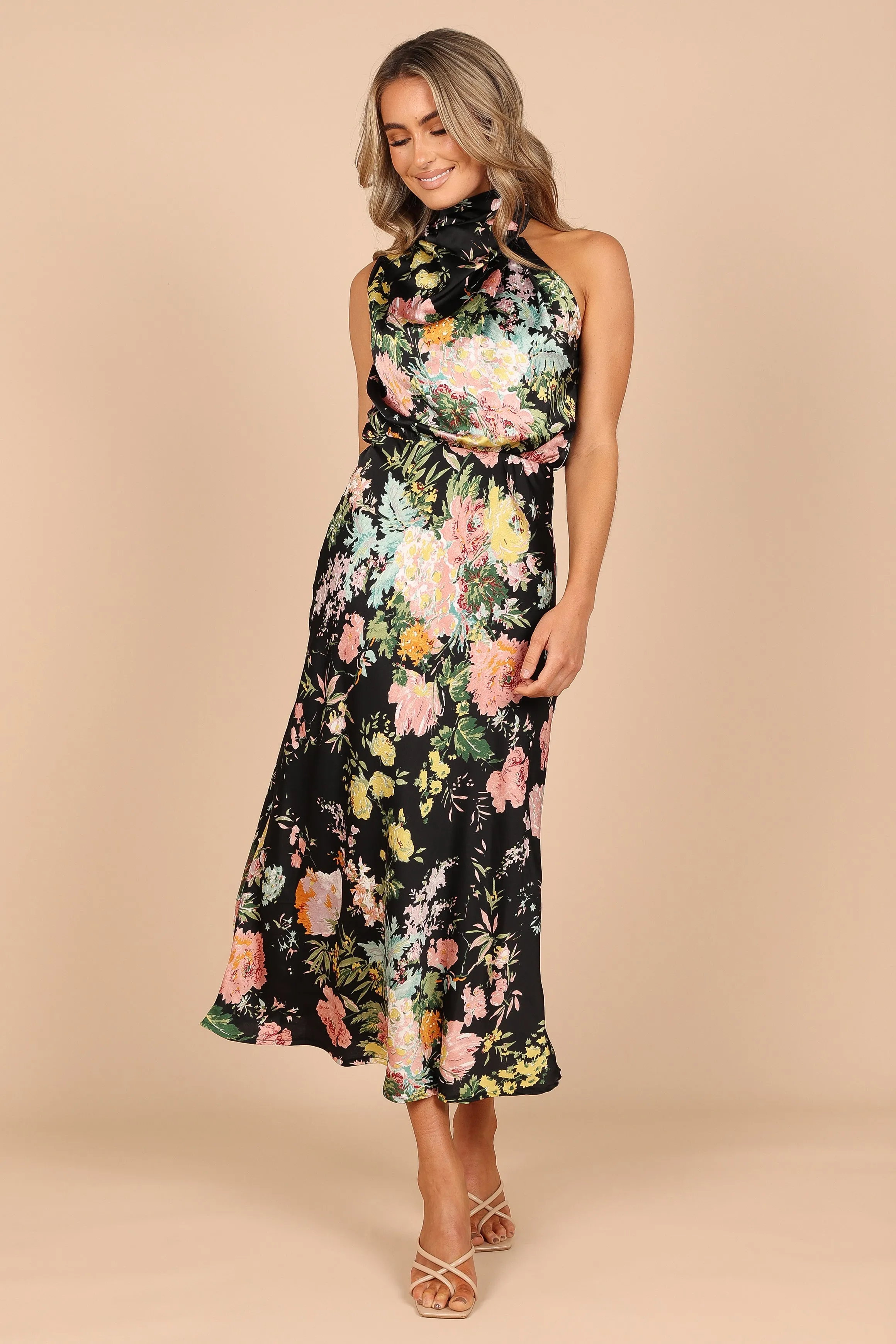 Anabelle Halter Neck Midi Dress - Black Floral