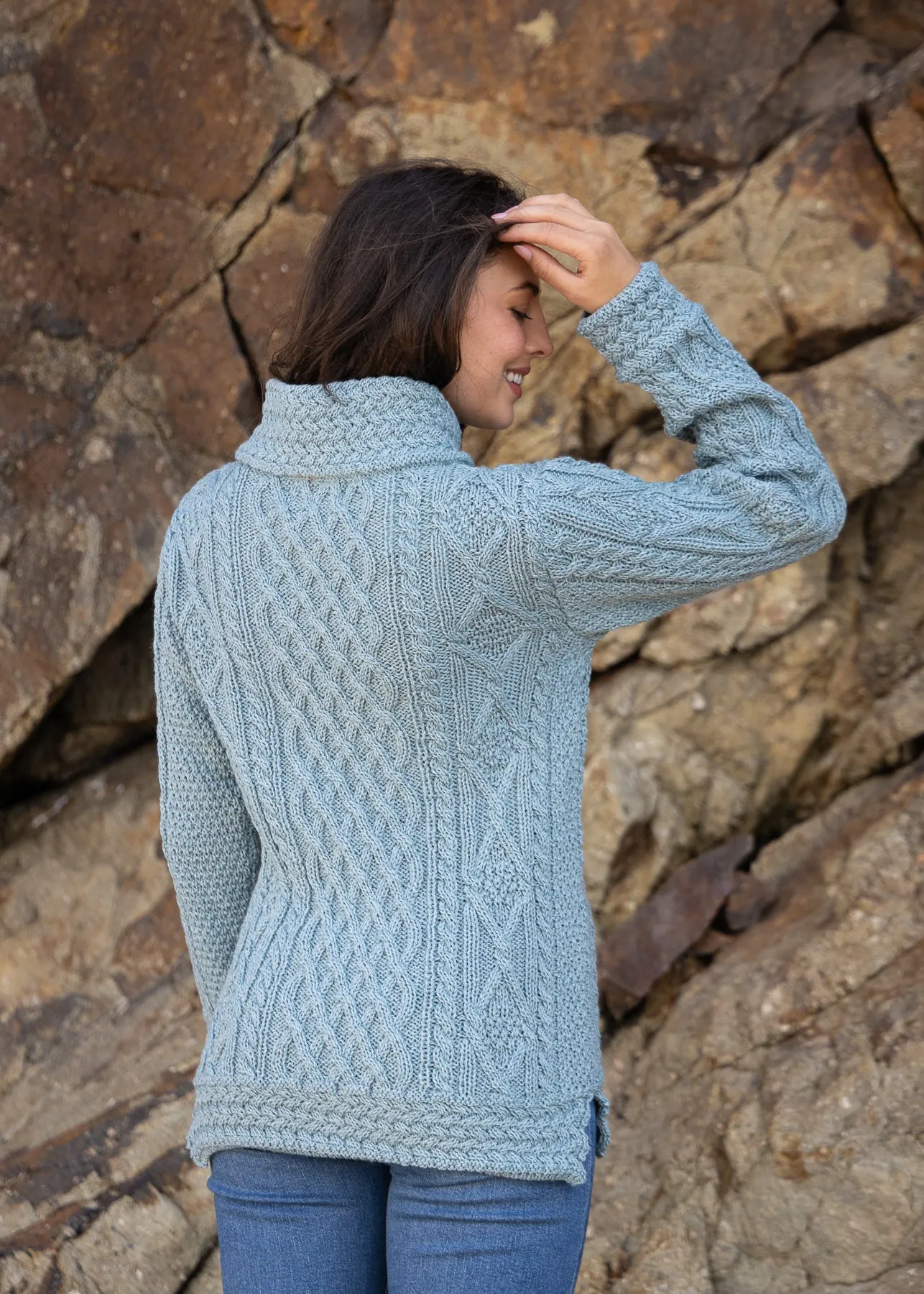 Aran Cowl Neck Women's Sweater | Aqua