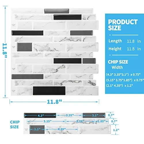 Art3d 11.8"x 11.8" Peel and Stick Vinyl Tiles, Self Adhesive Removable Stick On Kitchen Backsplash, Marble White (10-Sheet)