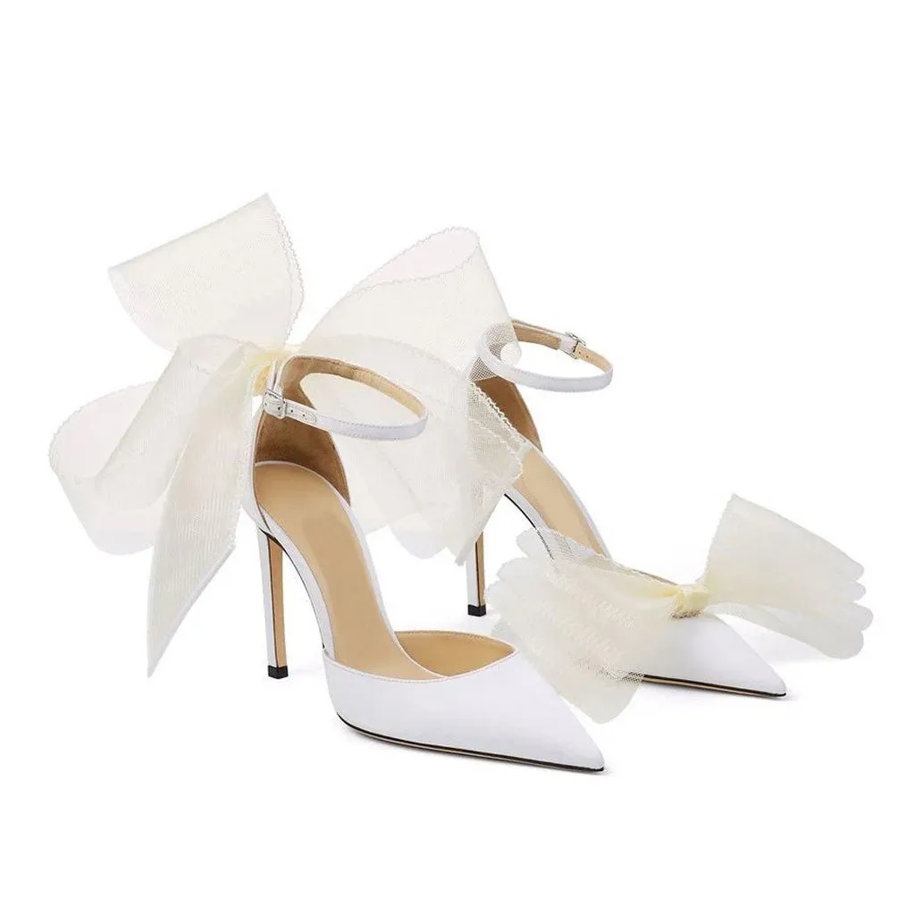 Asymmetric Bow Detail Pointed Toe Ankle Strap Stiletto Pumps - White