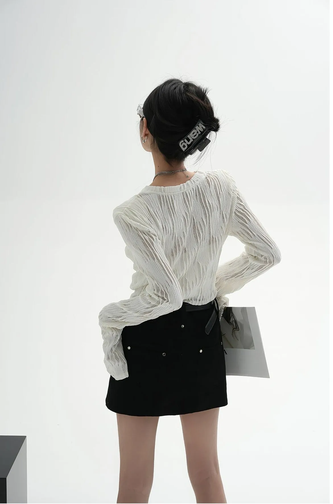 Asymmetric Crimped Long Sleeve Top