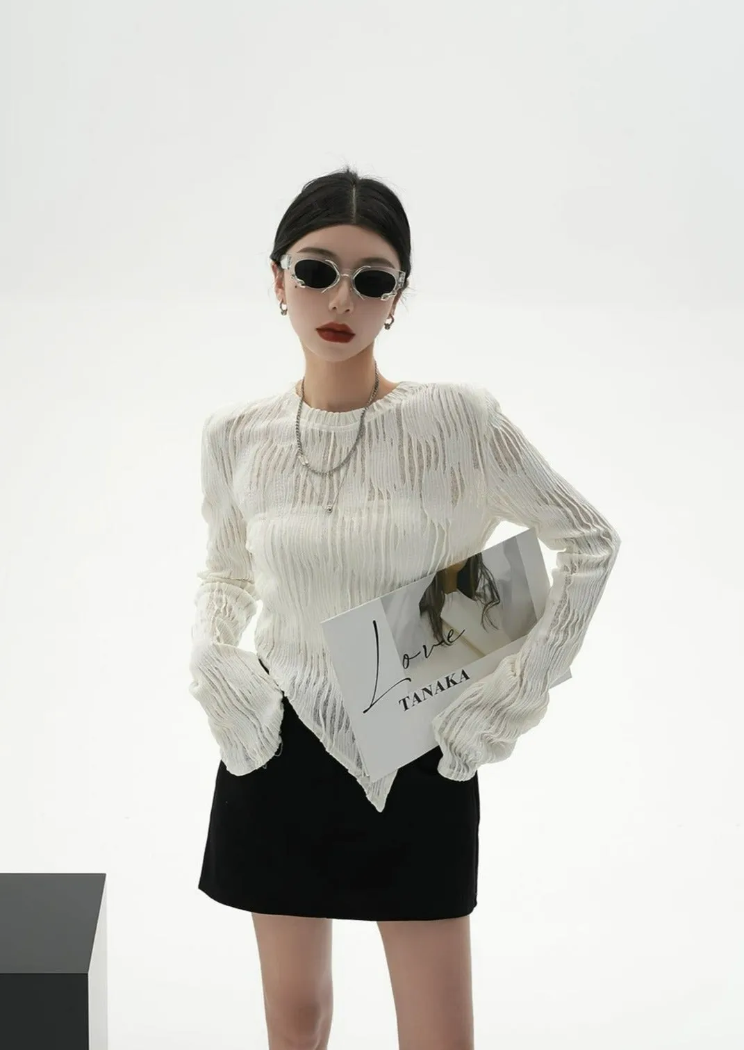 Asymmetric Crimped Long Sleeve Top