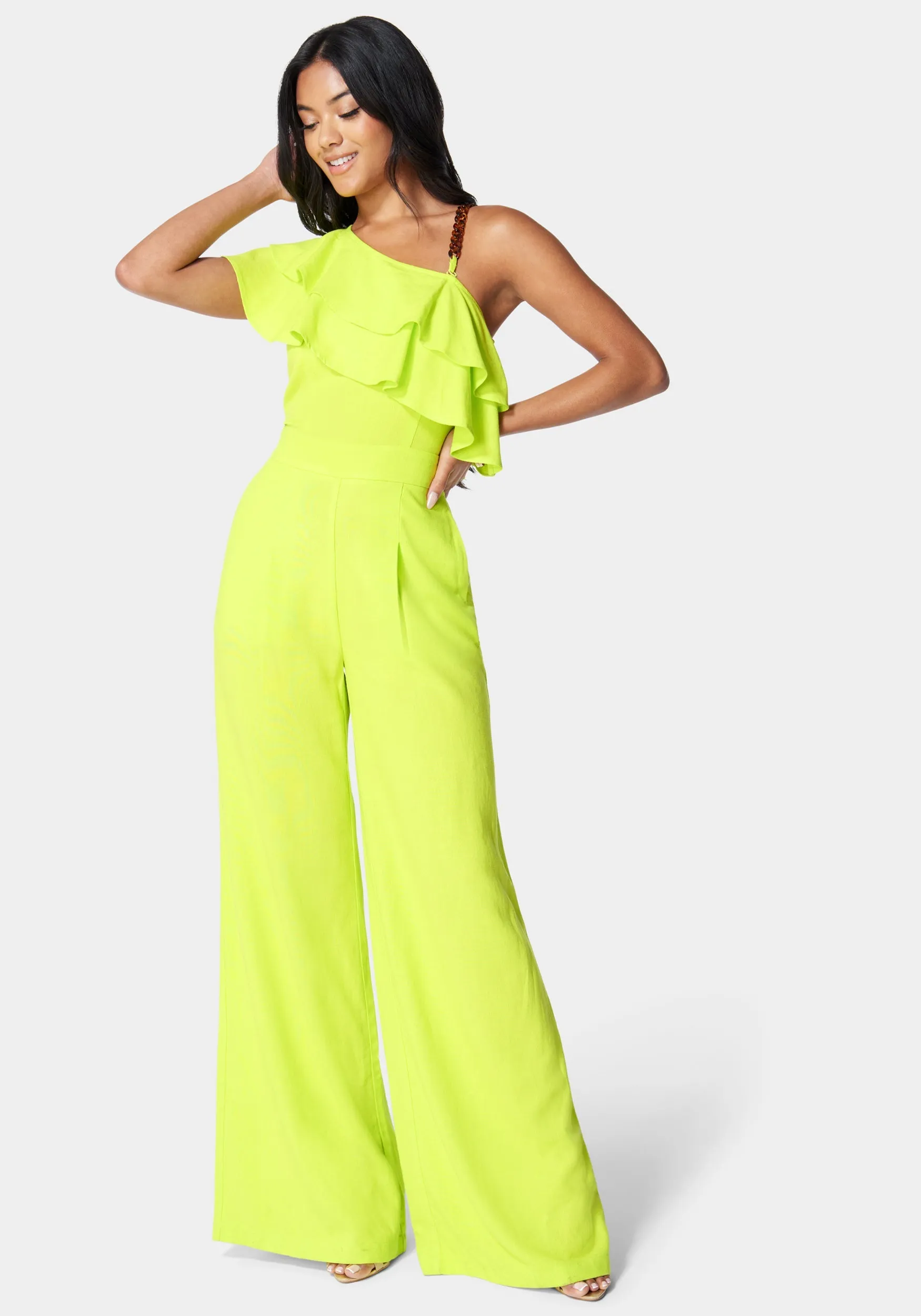 Asymmetric Ruffle Neck Wide Leg Jumpsuit