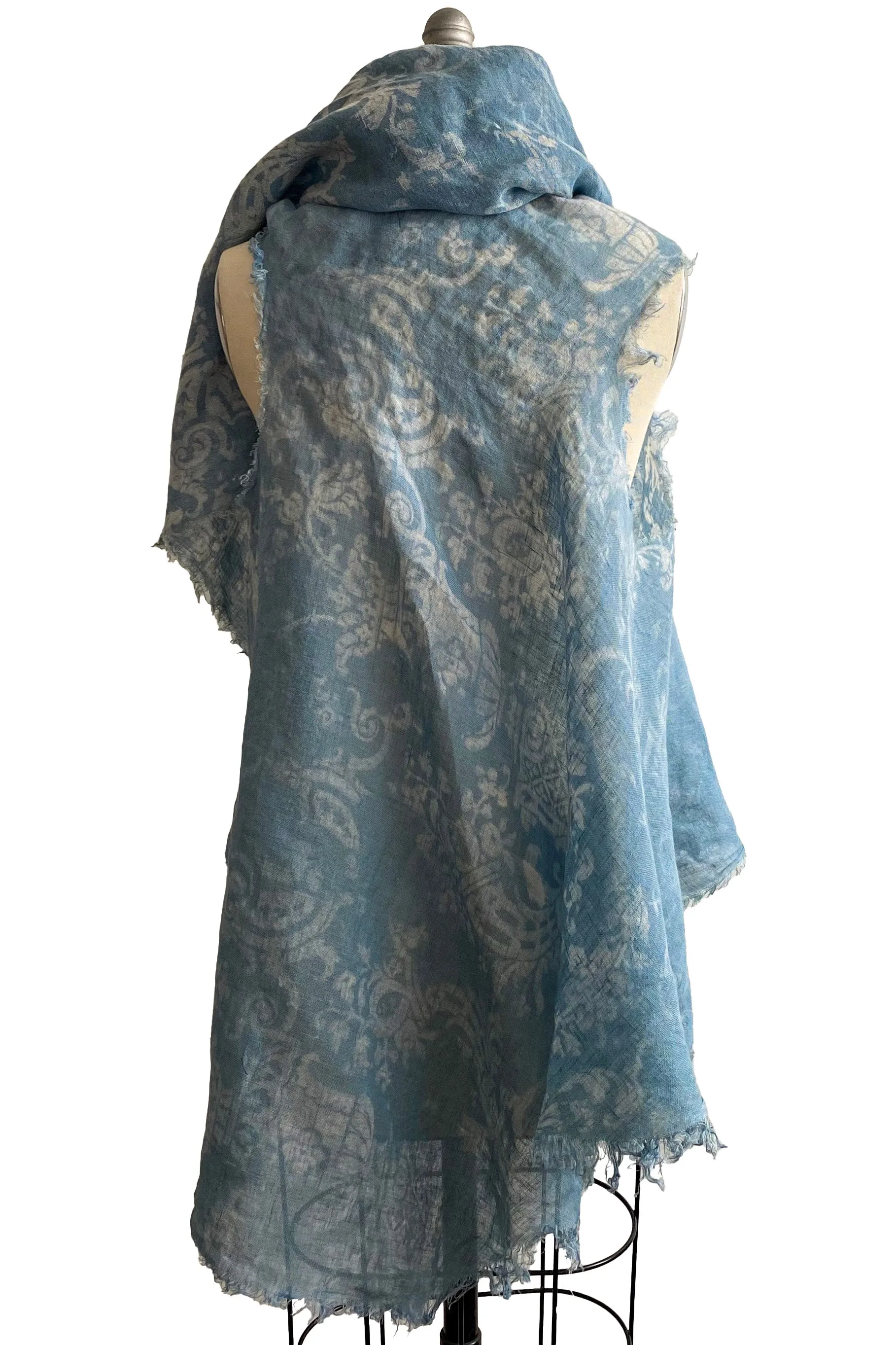 Asymmetrical Wrap Vest - Open Weave Linen w/ Wallpaper Print - Light Blue