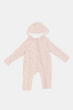 Babies Pink Printed Hooded Jumpsuit Coat