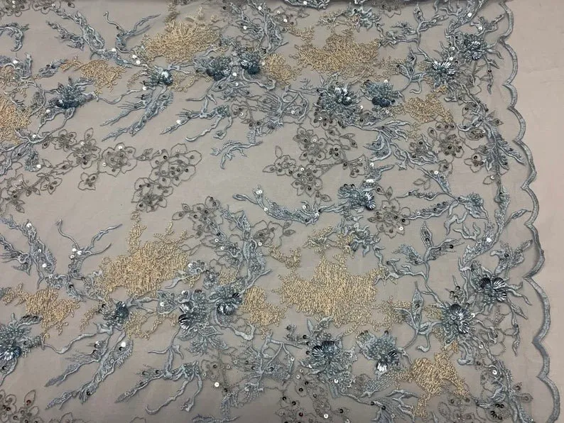 Baby Blue and Ivory Sequin Floral Bridal Fabric/ Beaded Fabric/ 3D Lace Fabric