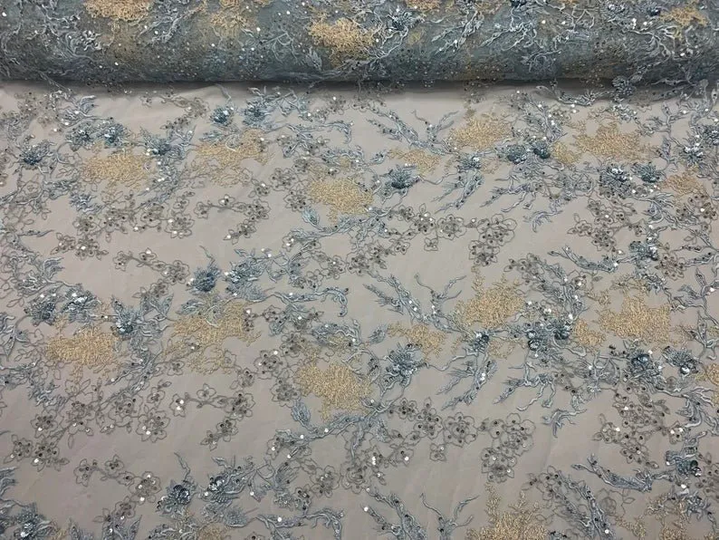 Baby Blue and Ivory Sequin Floral Bridal Fabric/ Beaded Fabric/ 3D Lace Fabric