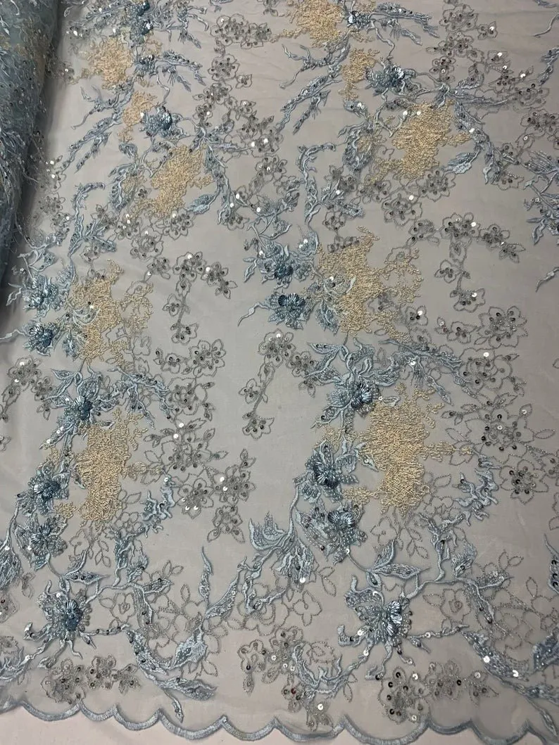 Baby Blue and Ivory Sequin Floral Bridal Fabric/ Beaded Fabric/ 3D Lace Fabric