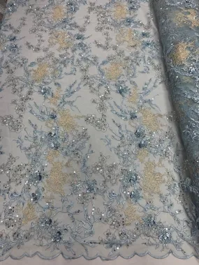 Baby Blue and Ivory Sequin Floral Bridal Fabric/ Beaded Fabric/ 3D Lace Fabric