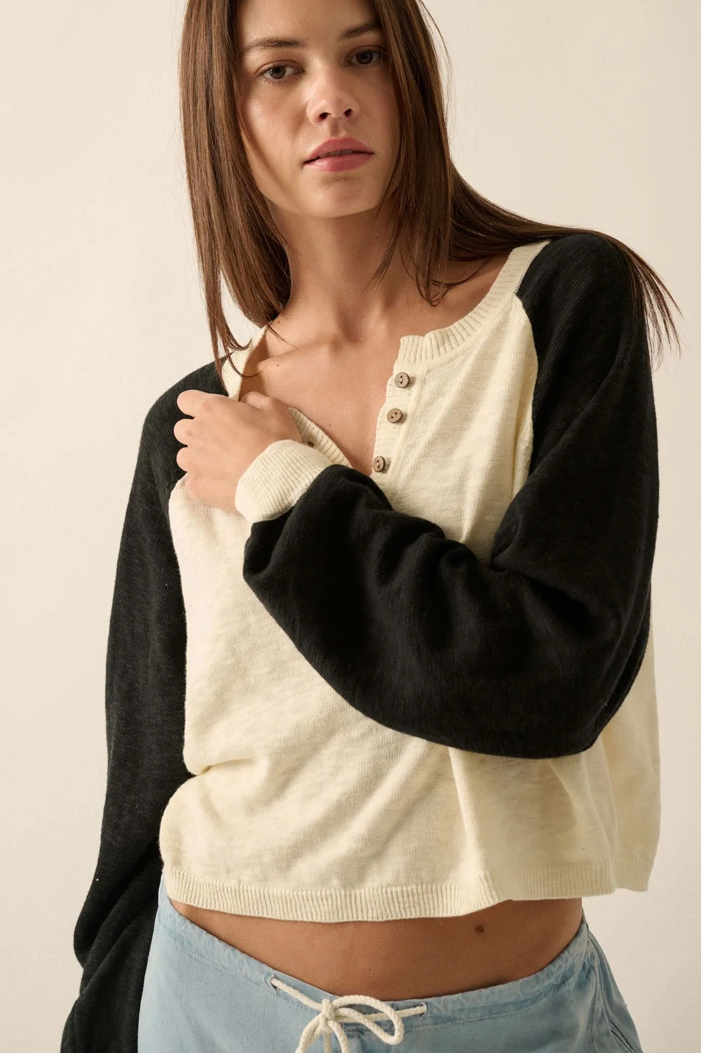 Bases Loaded Colorblock Slub-Knit Henley Sweater