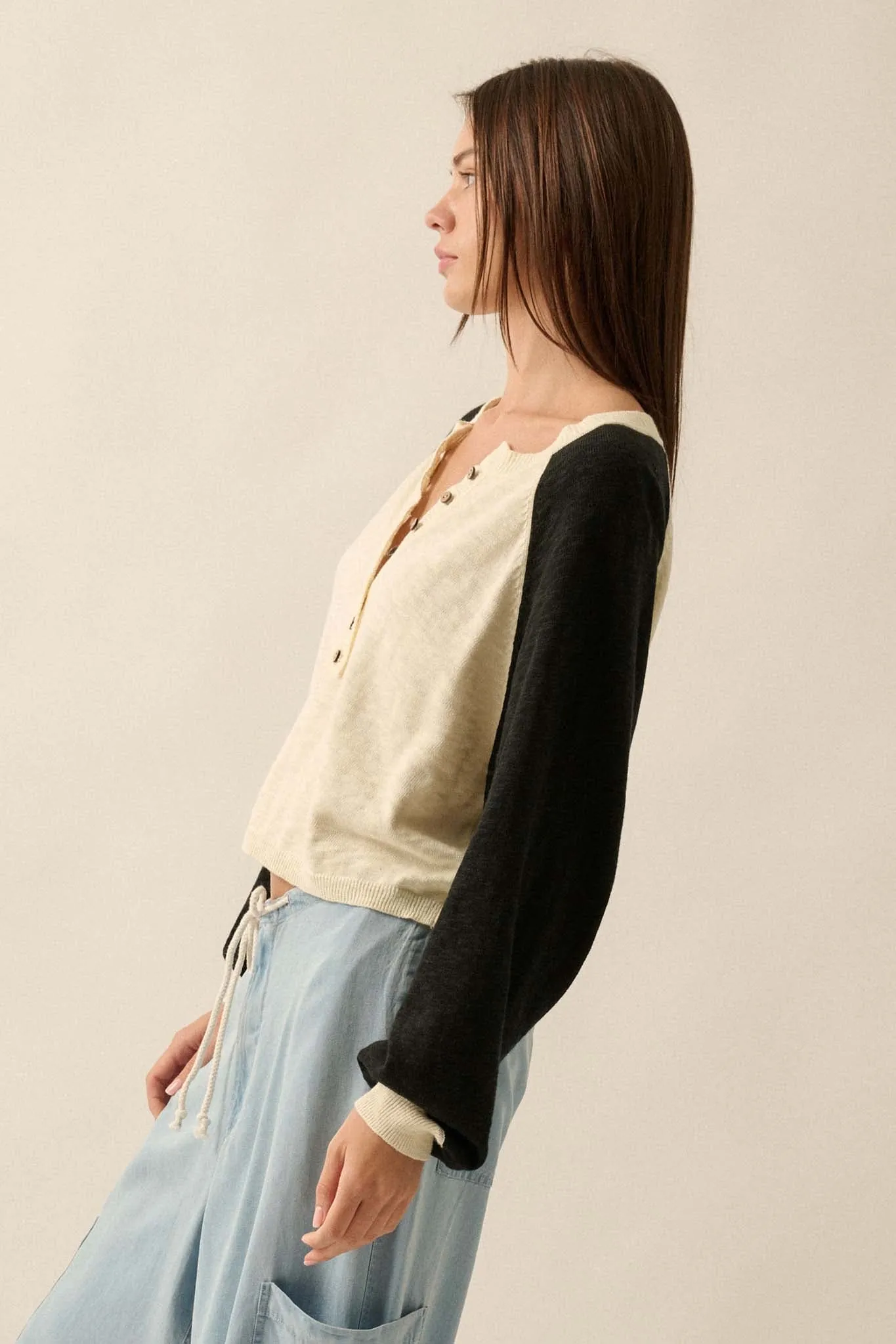 Bases Loaded Colorblock Slub-Knit Henley Sweater