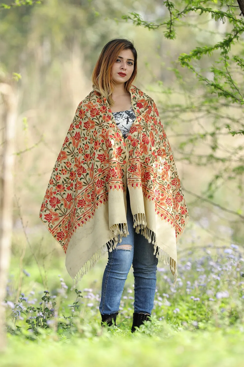 Beautiful Beige Colour Stole With Graceful Dense Jaal Pattern Of Kashmiri Embroidery Makes It An Ideal Wear.