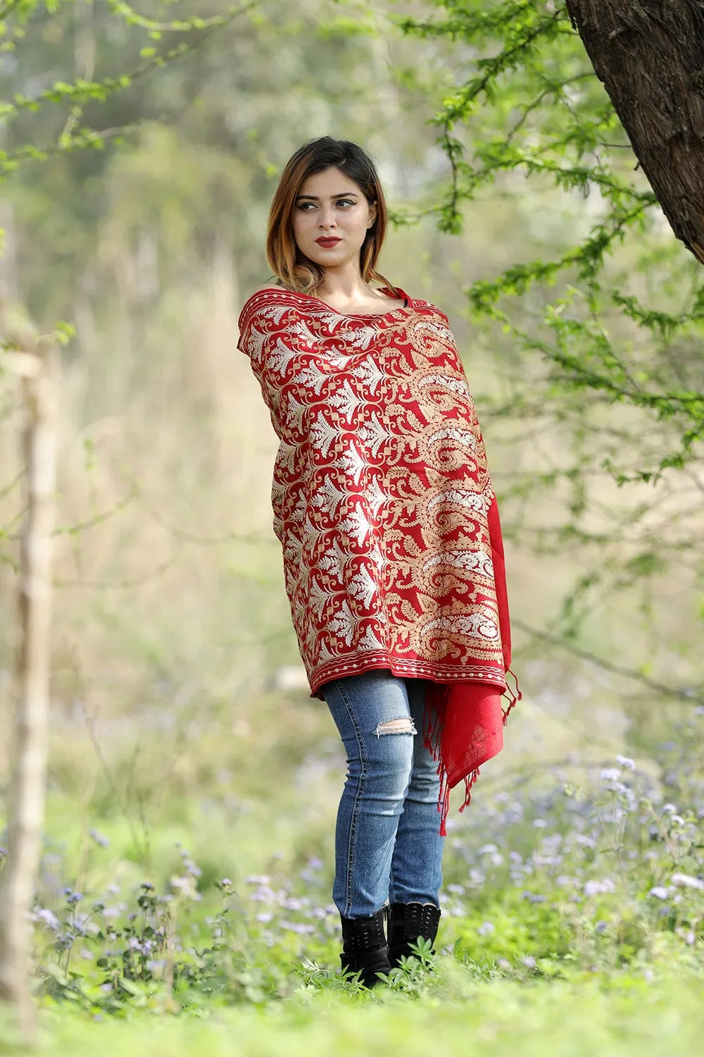 Beautiful Maroon Colour Stole With Graceful Dense Jaal Pattern Of Kashmiri Embroidery Makes It An Ideal Wear.