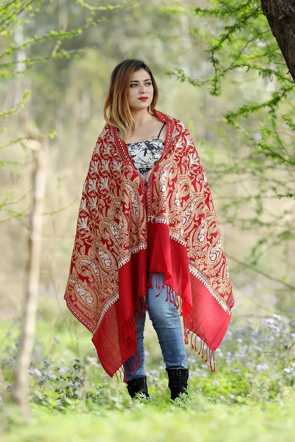 Beautiful Maroon Colour Stole With Graceful Dense Jaal Pattern Of Kashmiri Embroidery Makes It An Ideal Wear.