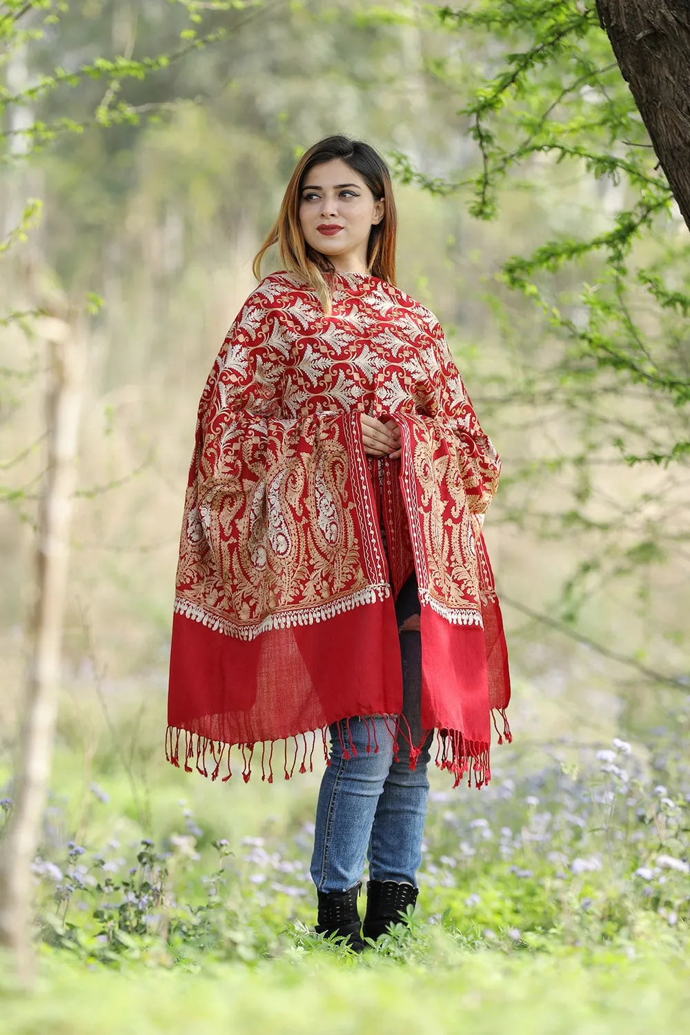 Beautiful Maroon Colour Stole With Graceful Dense Jaal Pattern Of Kashmiri Embroidery Makes It An Ideal Wear.