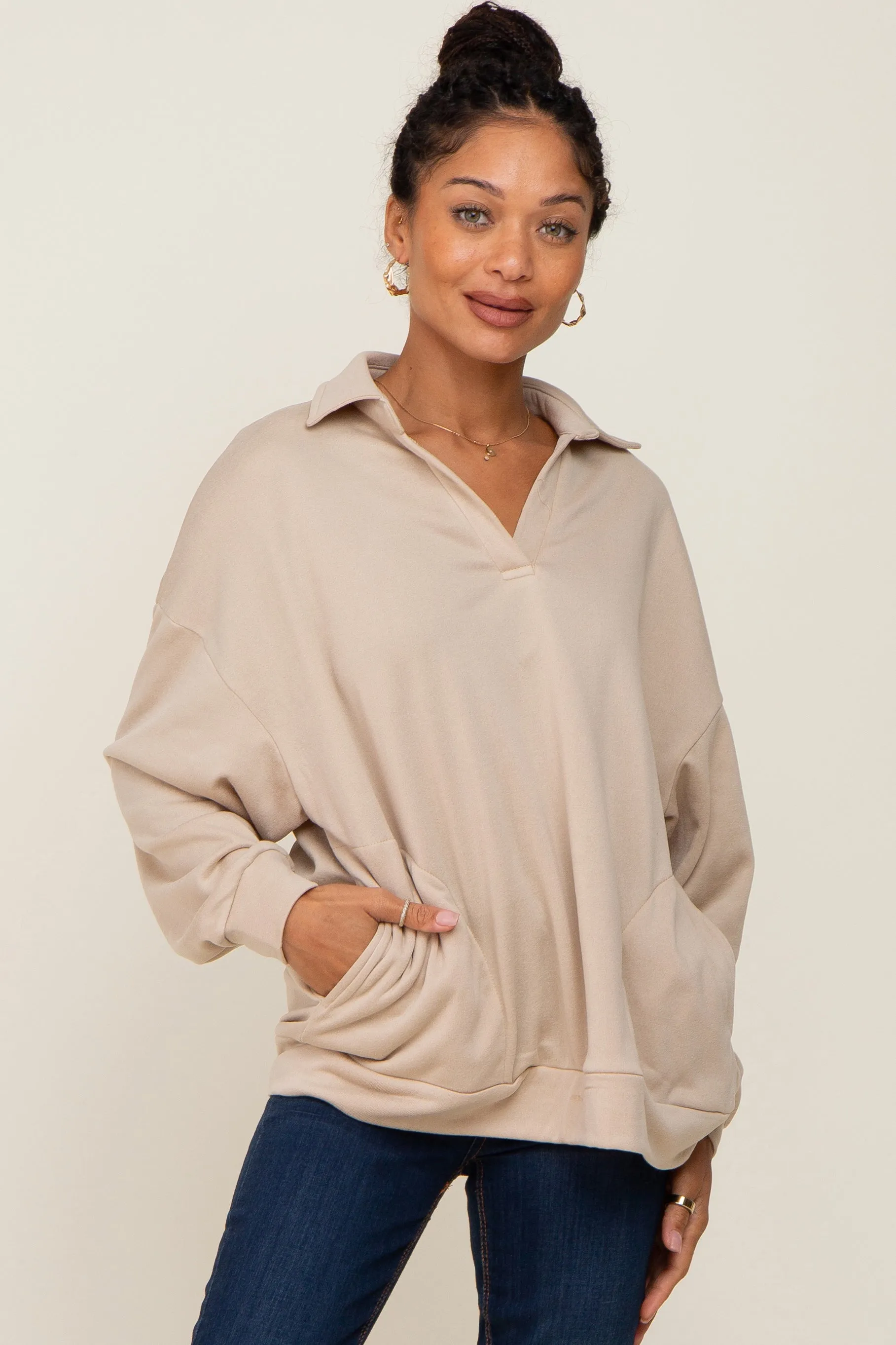 Beige Collared Pullover Sweater