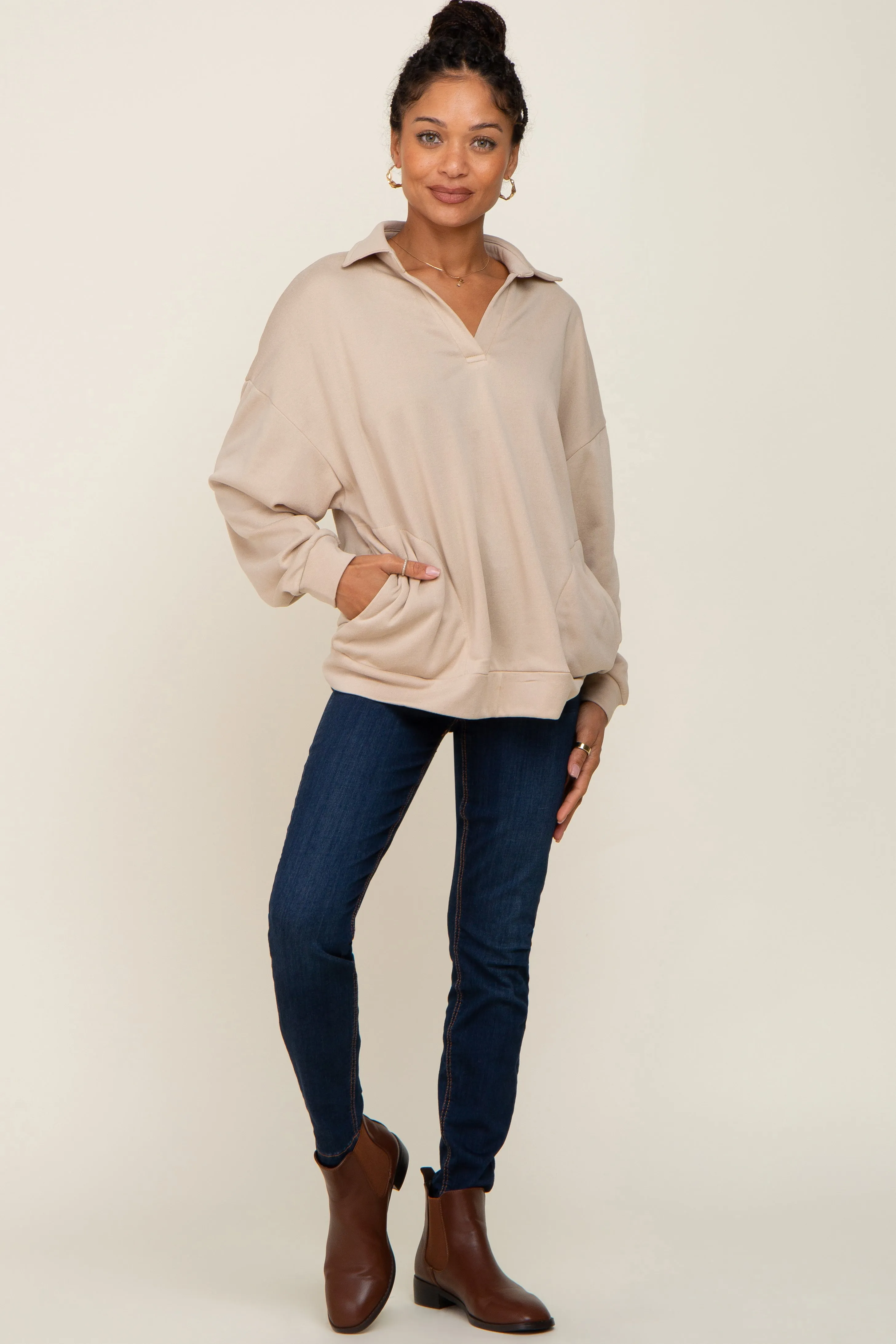 Beige Collared Pullover Sweater