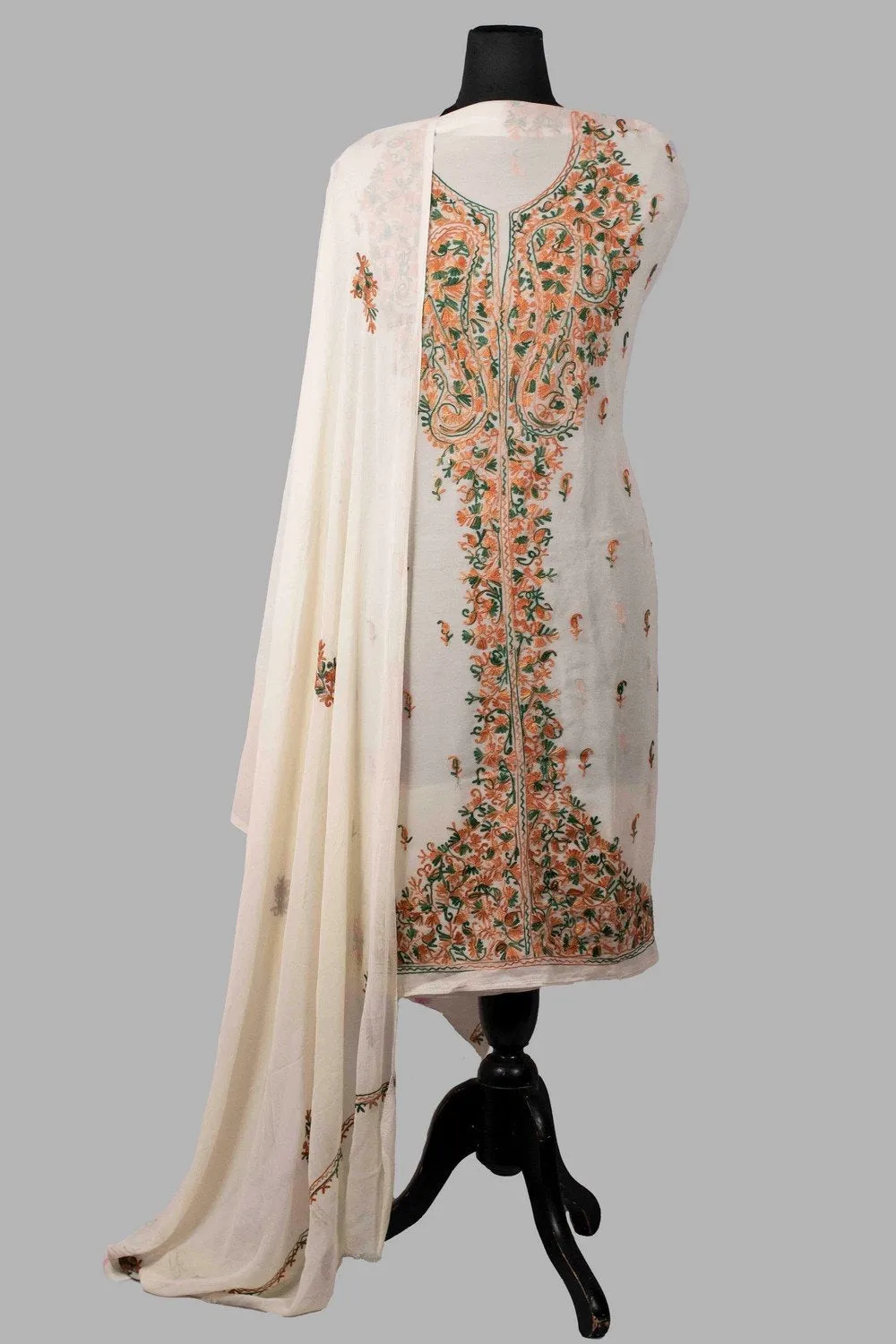 Beige Colour Aari Work Kurti With Front Back Thread Embroidery Along With Embroidered Dupatta