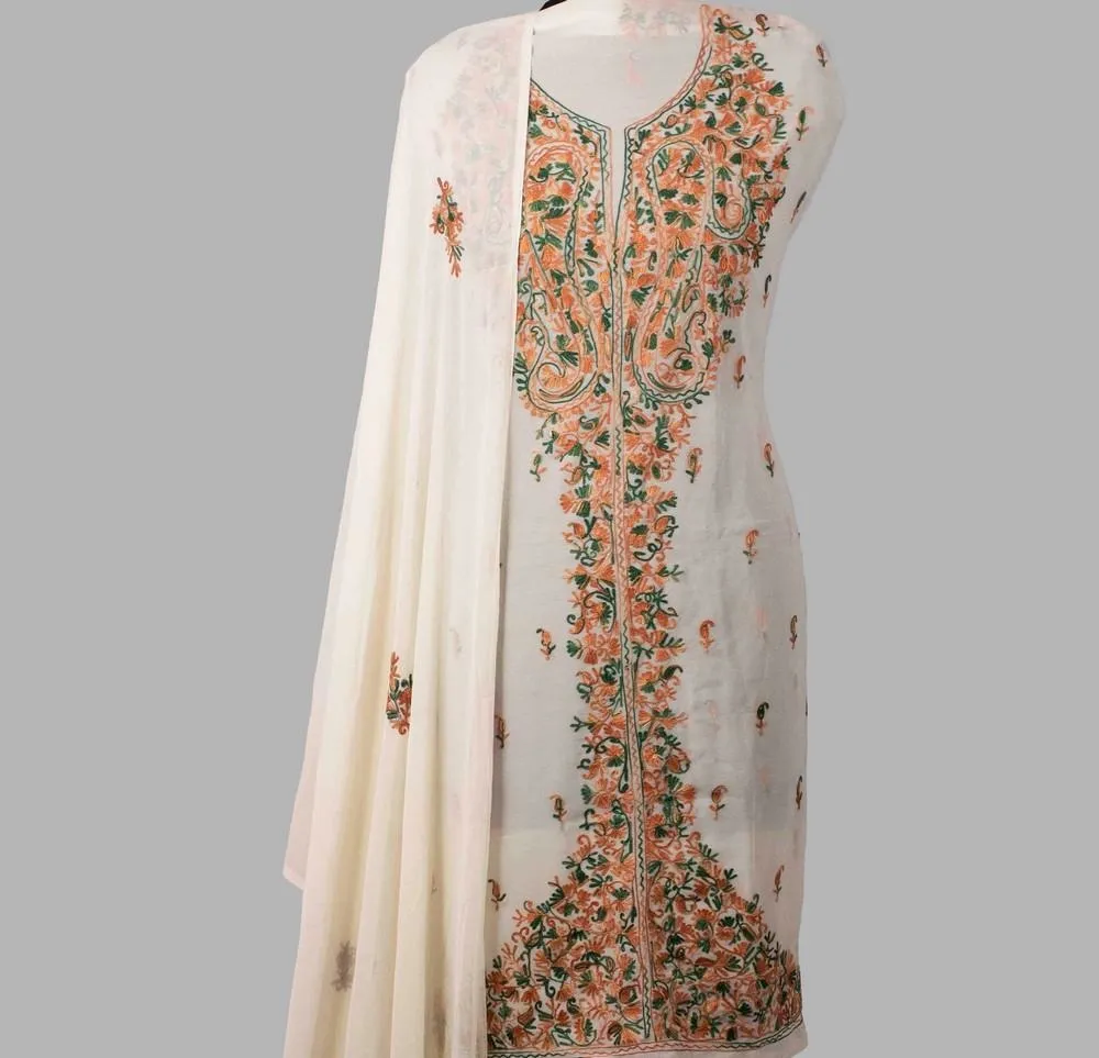 Beige Colour Aari Work Kurti With Front Back Thread Embroidery Along With Embroidered Dupatta