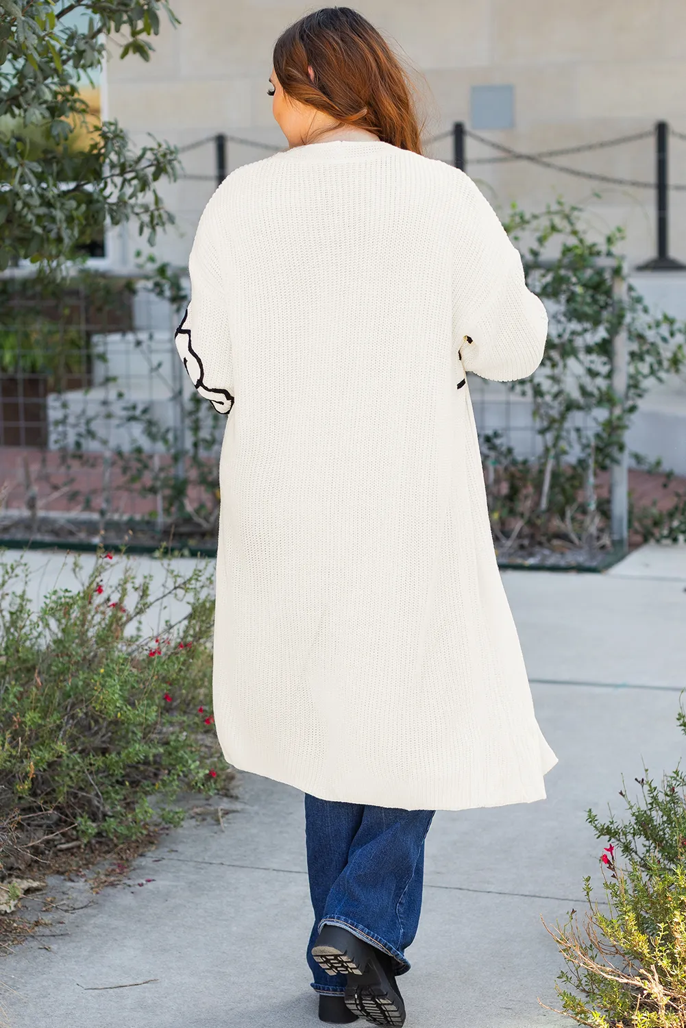 Beige Flower Embroidered Drop Shoulder Open Front Duster Cardigan