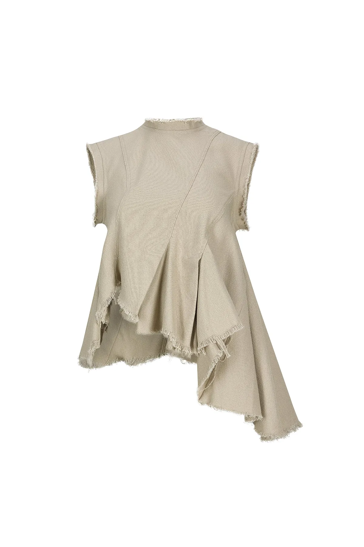 BEIGE WOVEN SLEEVELESS TOP WITH ASYMMETRIC HEM