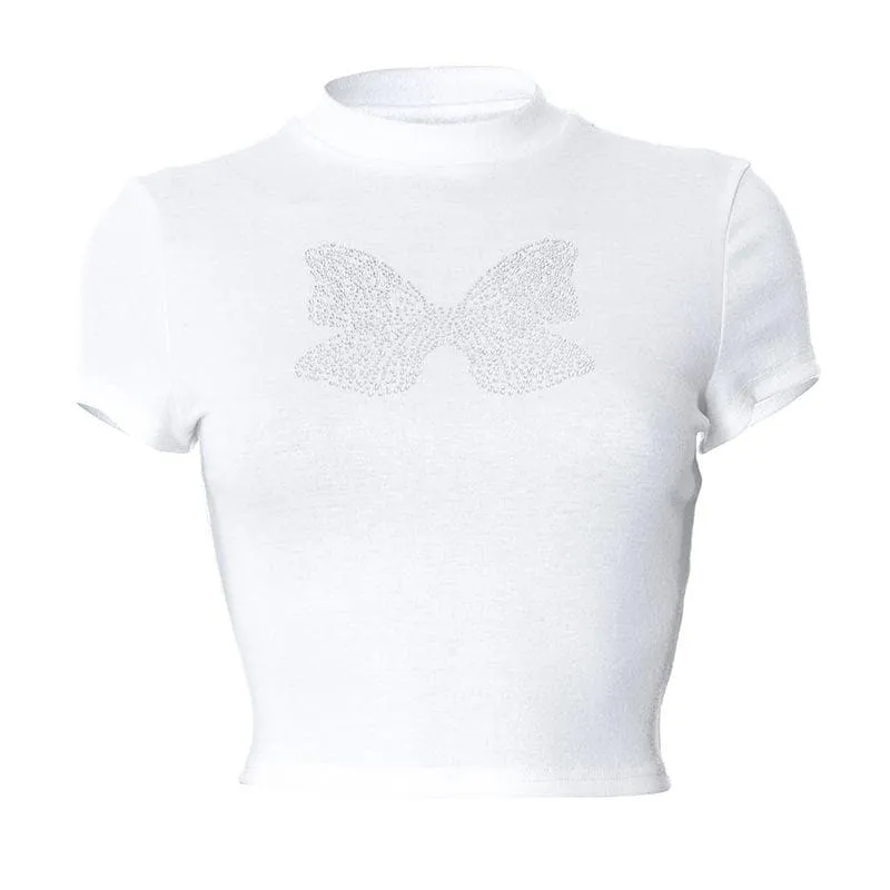 BerryBetty - Butterfly beaded short sleeve crewneck crop top