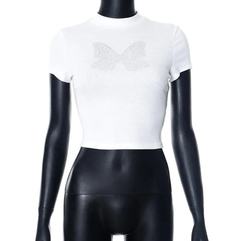 BerryBetty - Butterfly beaded short sleeve crewneck crop top