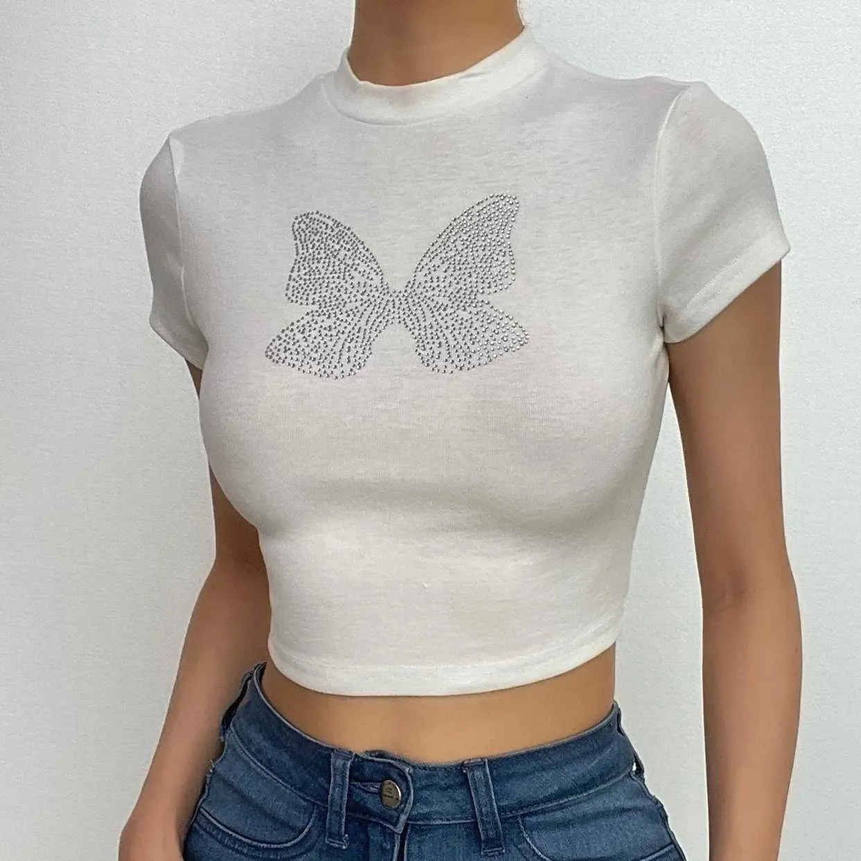 BerryBetty - Butterfly beaded short sleeve crewneck crop top