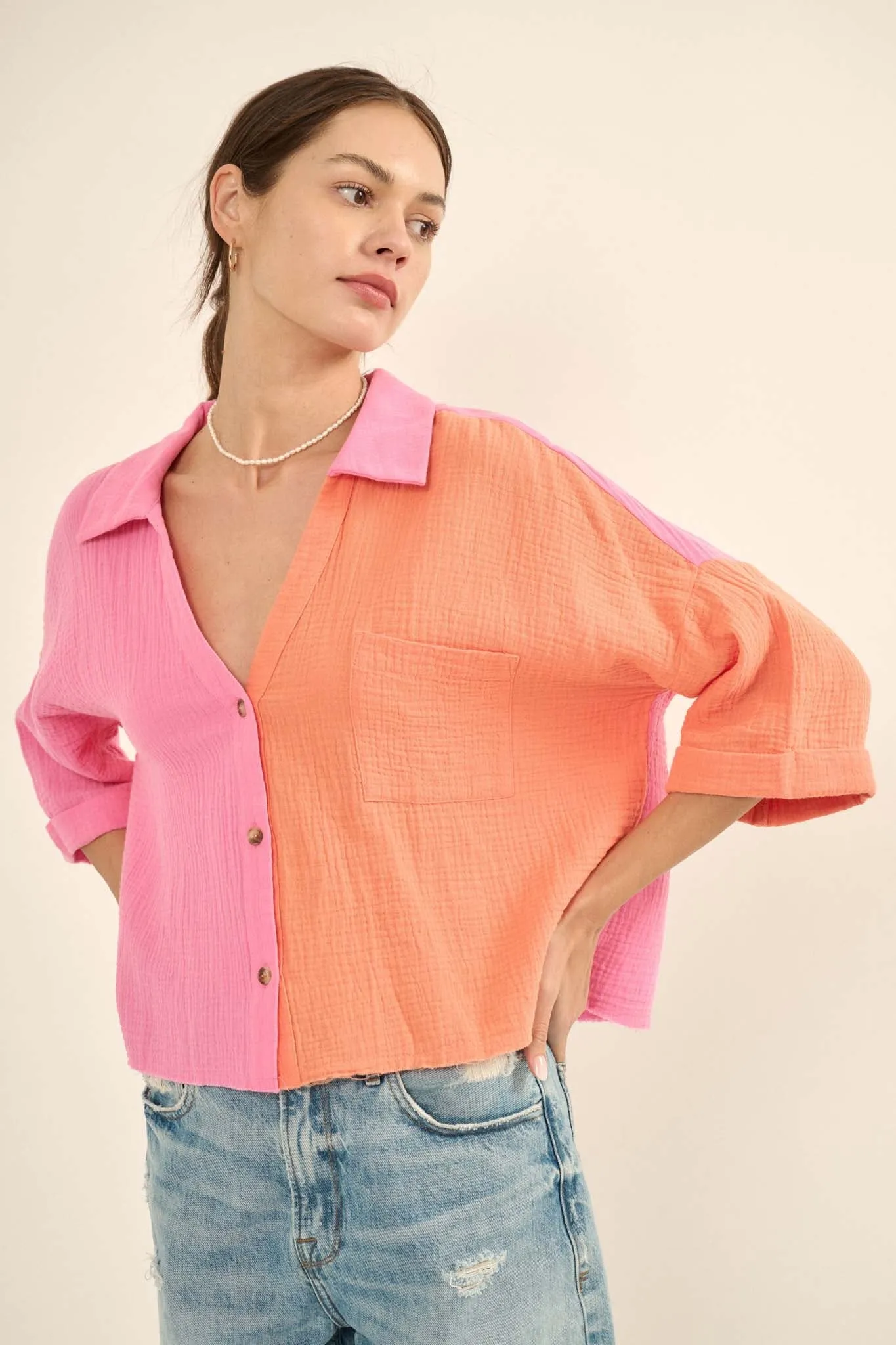 Better Half Colorblock Crinkle Cotton Pocket Shirt