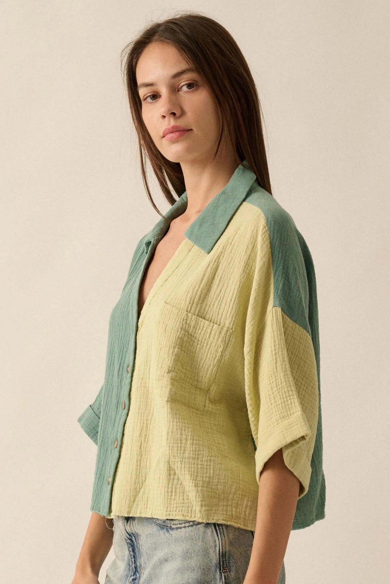 Better Half Colorblock Crinkle Cotton Pocket Shirt