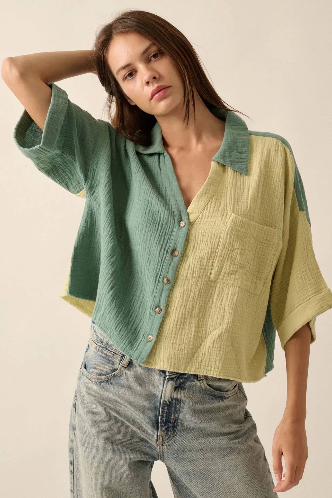 Better Half Colorblock Crinkle Cotton Pocket Shirt